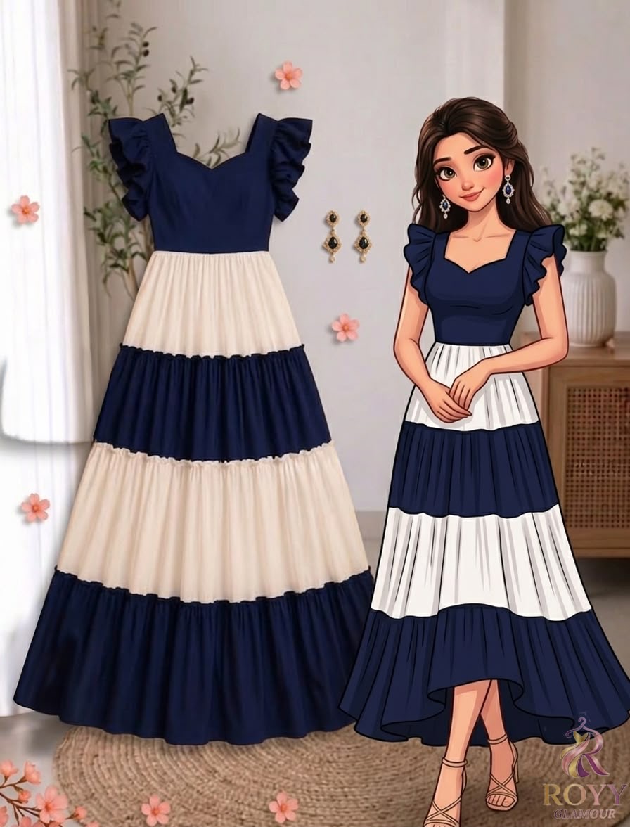 Navy Blue & Cream Tiered Dress